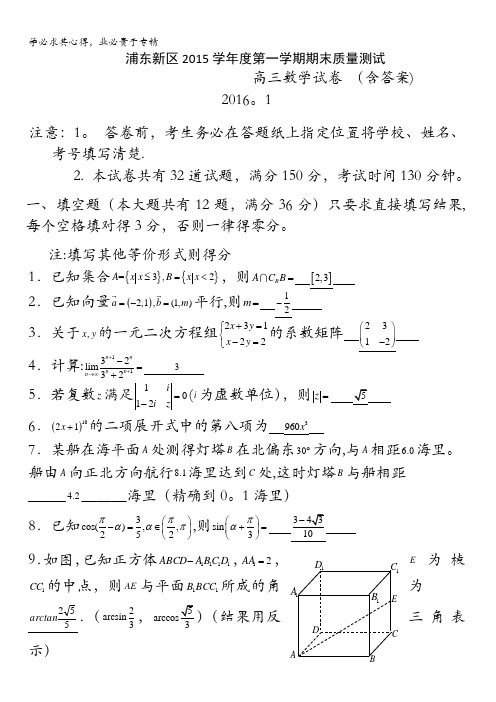 上海市浦东新区2016届高三上学期期末质量测试数学试题 含答案