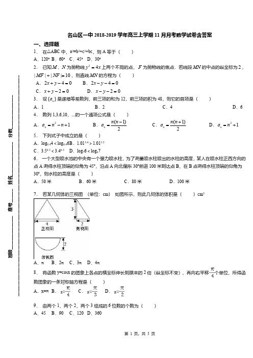 名山区一中2018-2019学年高三上学期11月月考数学试卷含答案