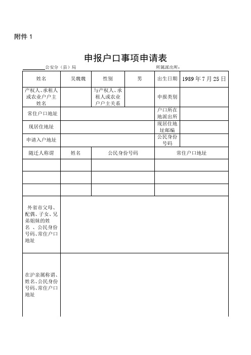 上海市 申报户口事项申请表【范本模板】