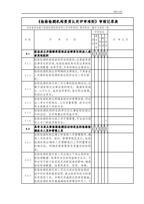 《检验检测机构资质认定评审准则》审核记录表