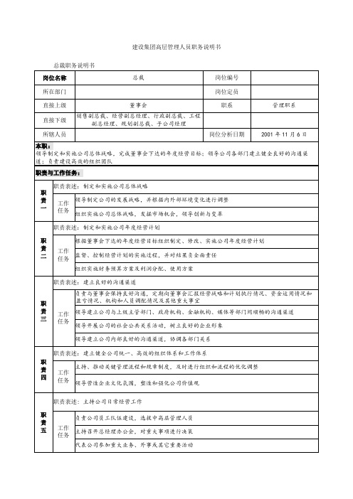 建设集团高层管理人员职务说明书