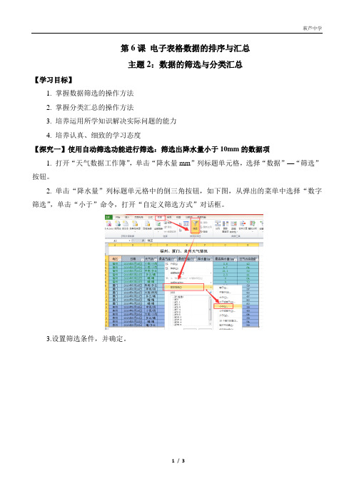 《第6课_电子表格数据的排序与汇总_主题2：数据的筛选与分类汇总》导学案