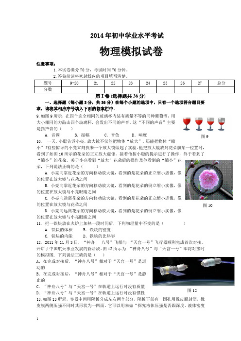 2014年九年级物理中考学业水平测试卷及答案