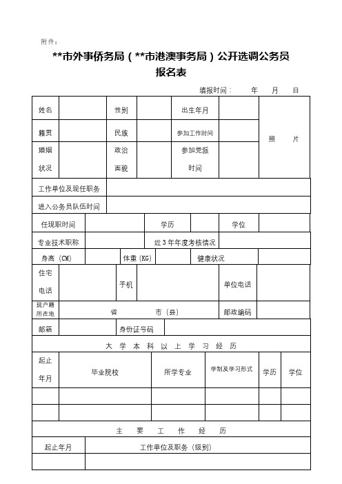 XX市外事侨务局(XX市港澳事务局)公开选调公务员报名表【模板】