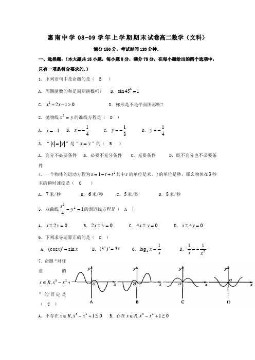 惠南中学08-09学年上学期期末试卷高二数学(文科)