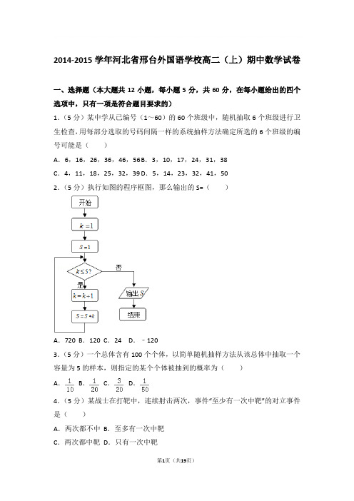 2014-2015年河北省邢台外国语学校高二上学期期中数学试卷及参考答案