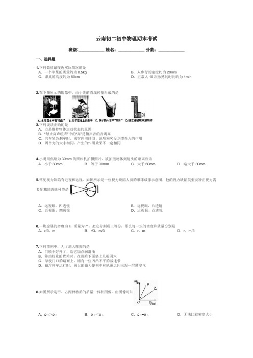 云南初二初中物理期末考试带答案解析
