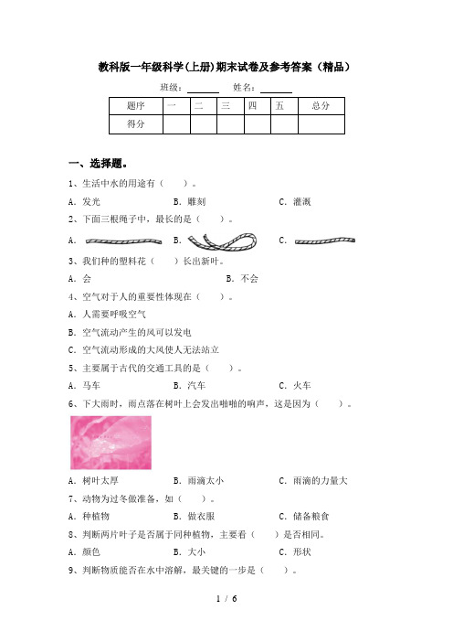 教科版一年级科学(上册)期末试卷及参考答案(精品)