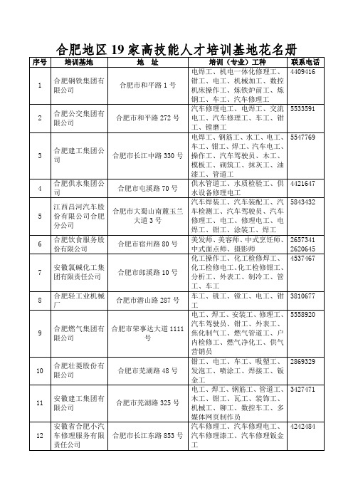 合肥地区19家高技能人才培训基地花名册