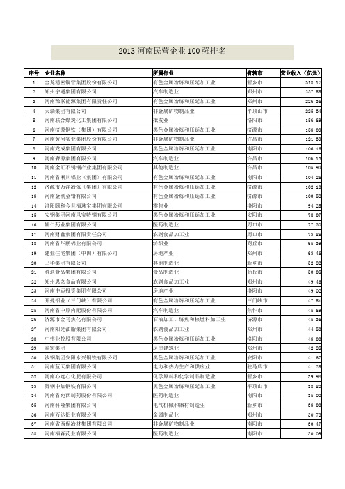 2013河南民营企业100强排名