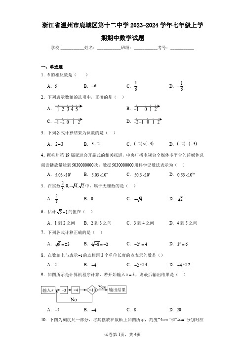 浙江省温州市鹿城区第十二中学2023-2024学年七年级上学期期中数学试题