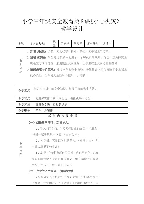 小学校本课程_小心火灾教学设计学情分析教材分析课后反思