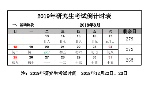 2018年日历表(含农历)考研倒计时表