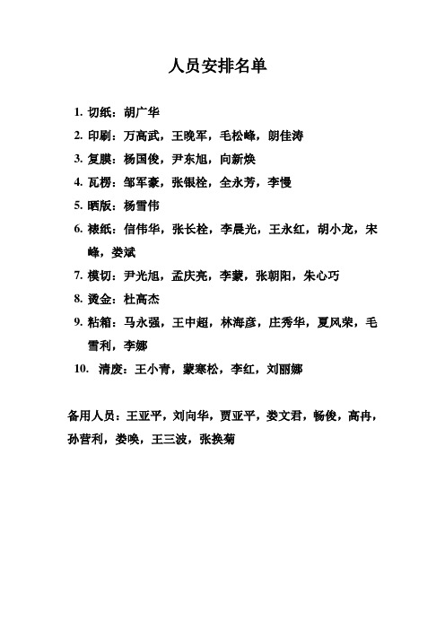 人员安排名单