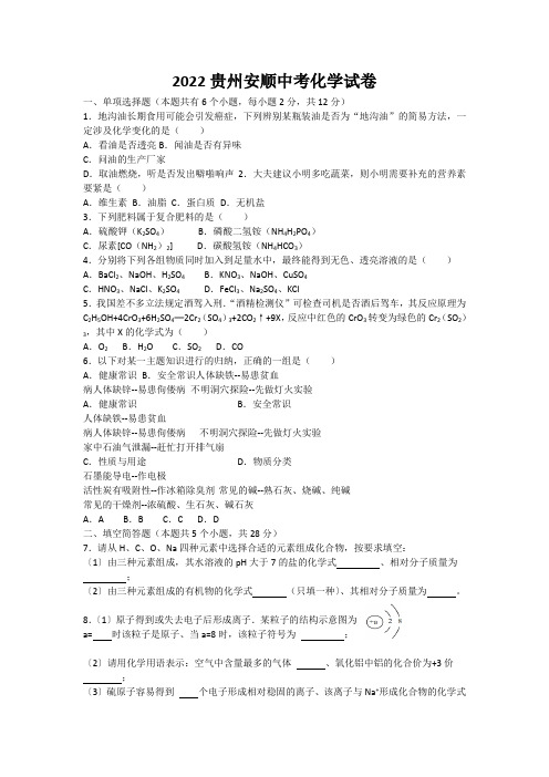 2022贵州安顺中考化学试卷