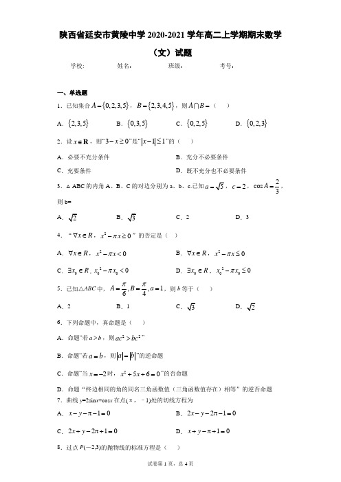 陕西省延安市黄陵中学2020-2021学年高二上学期期末数学(文)试题