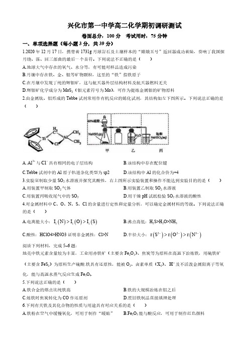 江苏省兴化市第一中学2024-2025学年度高二化学期初调研测试(含答案)