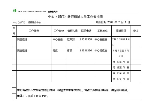 中心(部门)暑假值班人员工作安排表