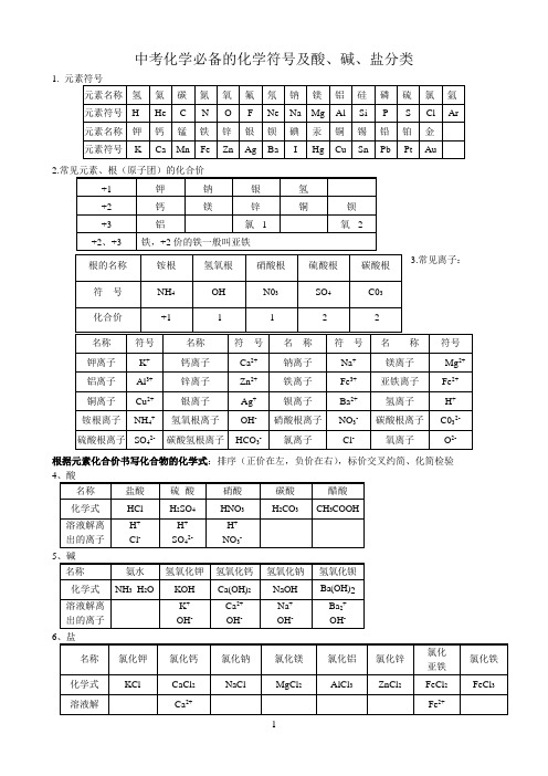 中考化学必备的化学符号及酸、碱、盐分类