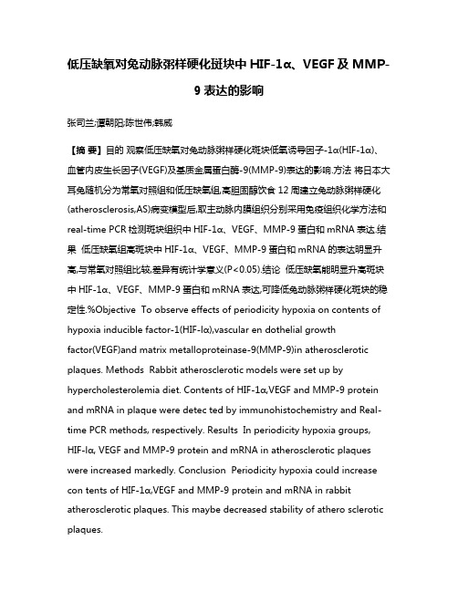 低压缺氧对兔动脉粥样硬化斑块中HIF-1α、VEGF及MMP-9表达的影响