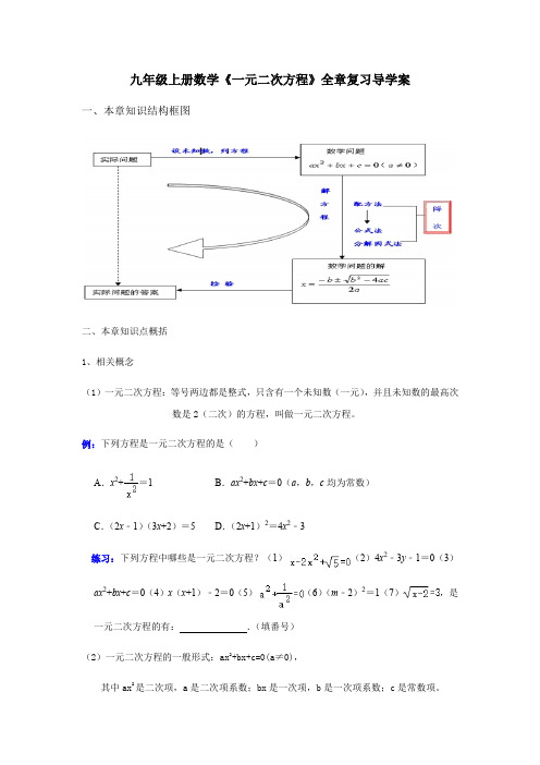 九年级上册数学《一元二次方程》全章复习导学案