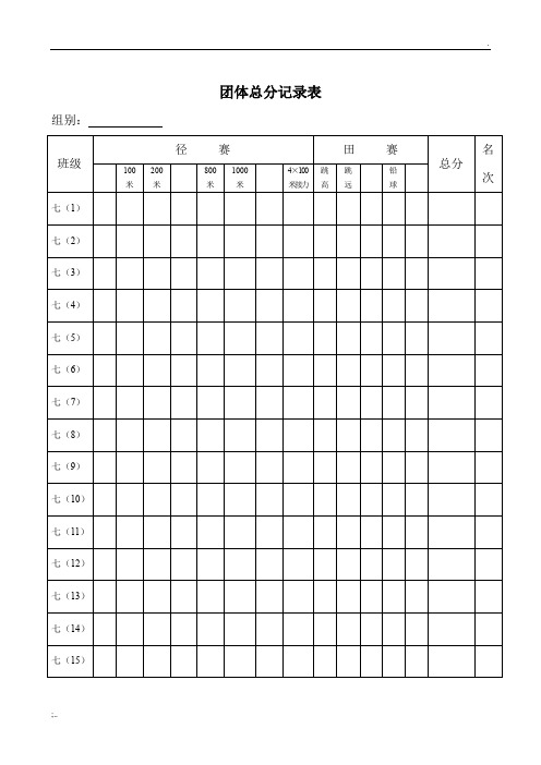 学校田径运动会所需各表格(团体总分记录表_径赛检录表_径赛计时表_终点名次报告表_田赛远度表)等