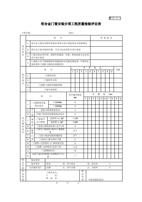 建10-4-1铝合金门窗安装分项工程质量检验评定表