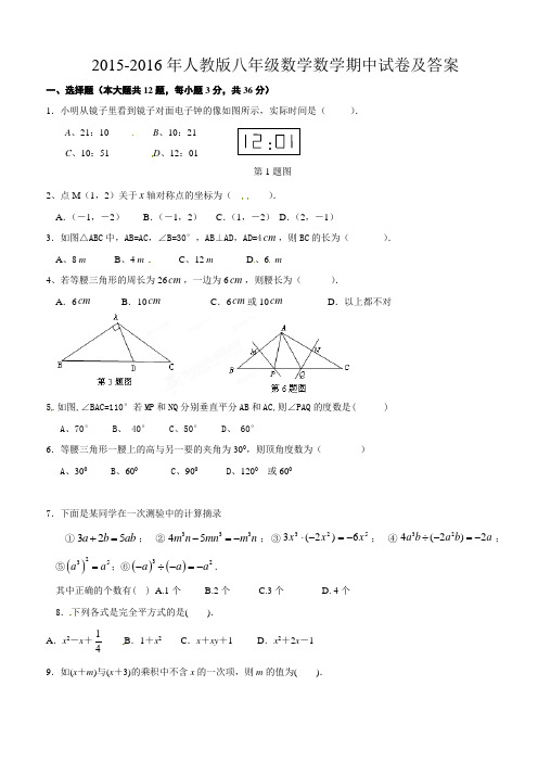 2015—2016学年人教版八年级上数学期中试题及答案