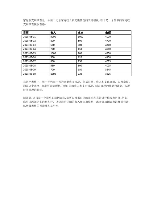 家庭收支明细表模板表格