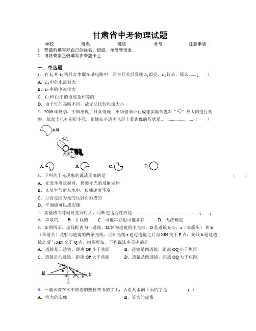 最新甘肃省中考物理试题附解析