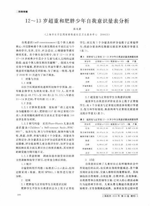 12～13岁超重和肥胖少年自我意识量表分析