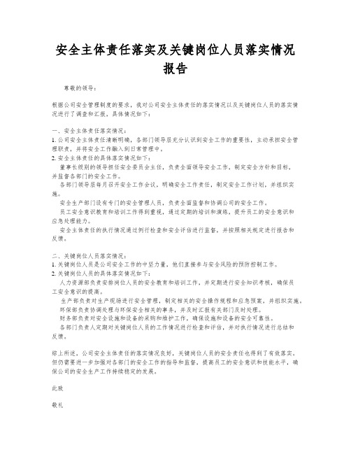 安全主体责任落实及关键岗位人员落实情况报告