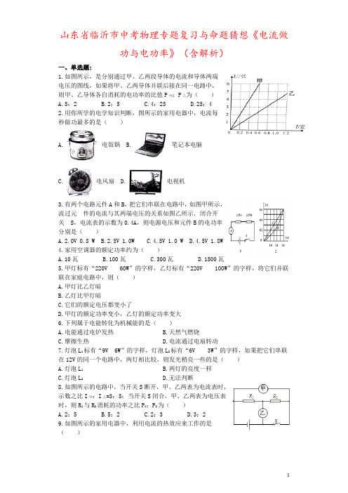 山东省临沂市中考物理专题复习与命题猜想《电流做功与电功率》(含解析)