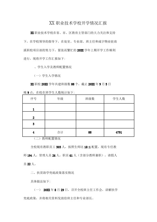 XX职业技术学校开学情况汇报