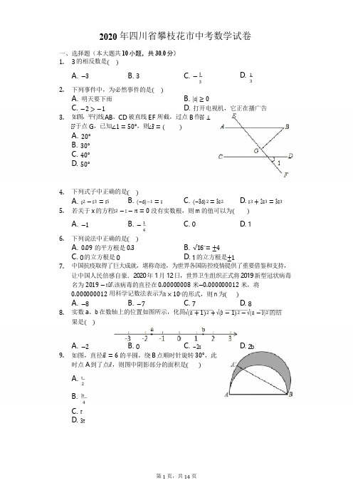 2020年四川省攀枝花市中考数学试卷-含详细解析