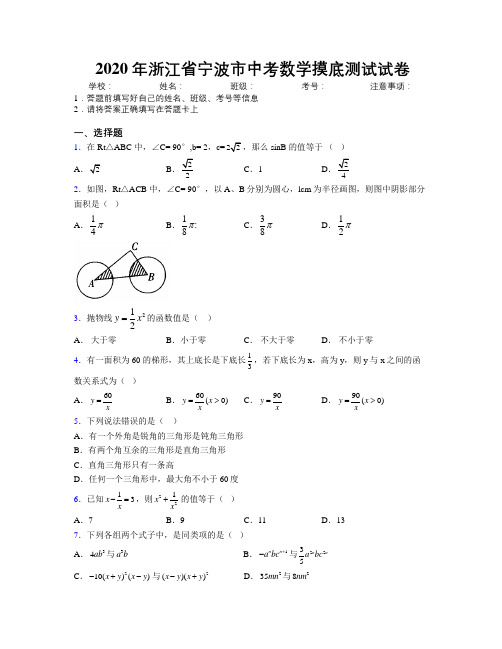 2020年浙江省宁波市中考数学摸底测试试卷附解析