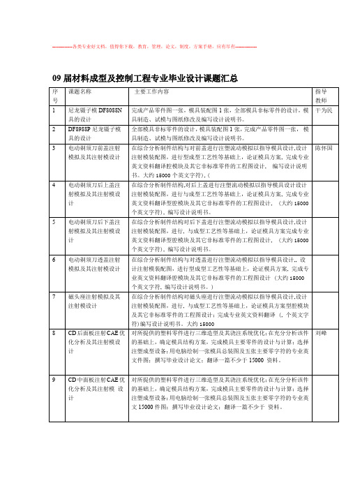 09届材料成型及控制工程专业毕业设计课题汇总