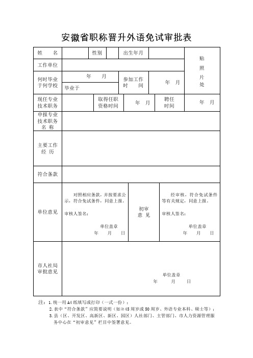 安徽省职称晋升外语免试审批表