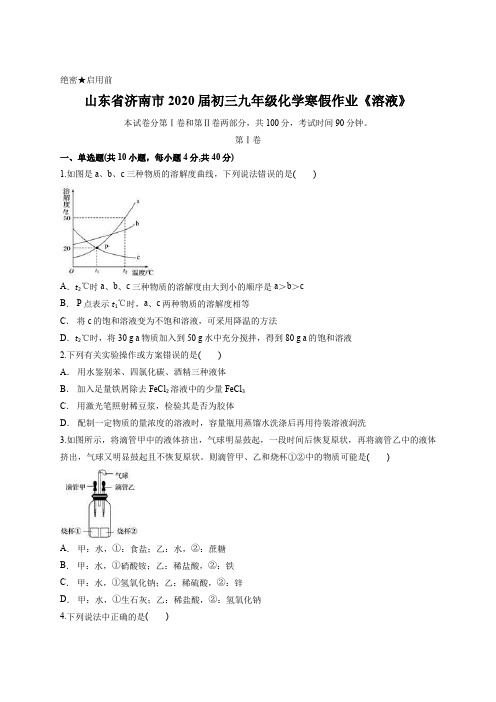 山东省济南市2020届初三九年级化学寒假作业《溶液》含答案