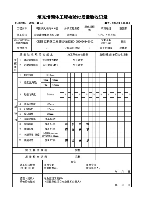 填充墙砌体工程检验批质量验收记录