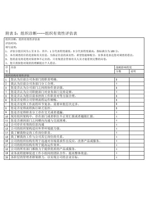 附表5:组织架构有效性评估表
