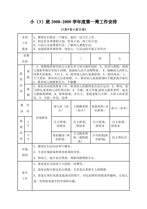 小(3)班2008~2009学年度第一周工作安排