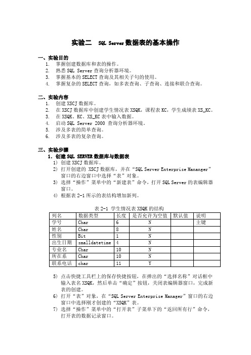 实验二  SQL Server 数据表的基本操作与查询