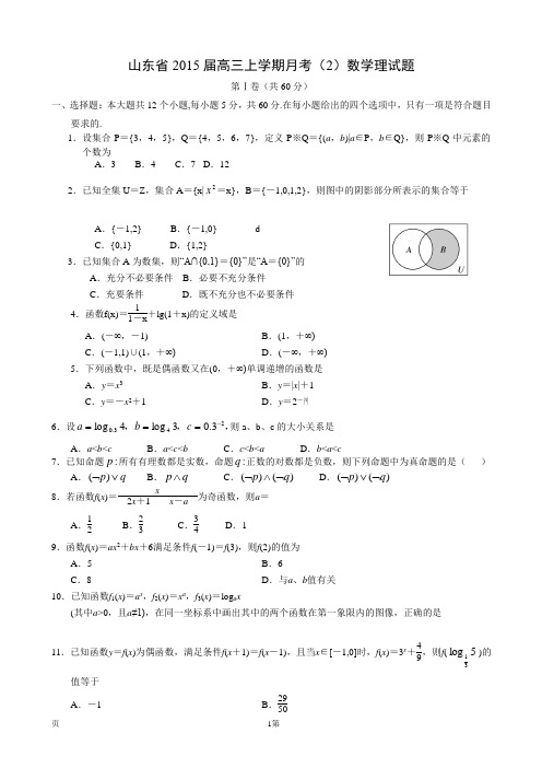 山东省2015届高三上学期月考(2)数学理试题