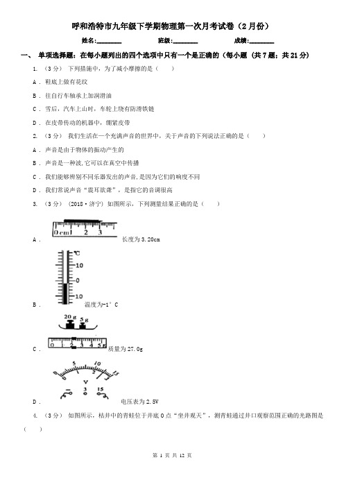 呼和浩特市九年级下学期物理第一次月考试卷(2月份)