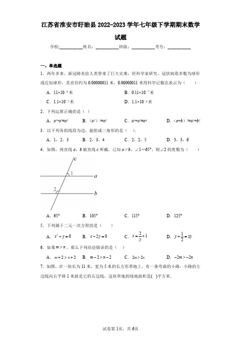 江苏省淮安市盱眙县2022-2023学年七年级下学期期末数学试题