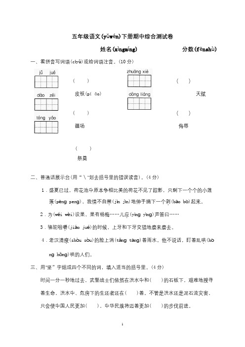 2017年新课标人教版小学五年级语文下册期中试卷及答案