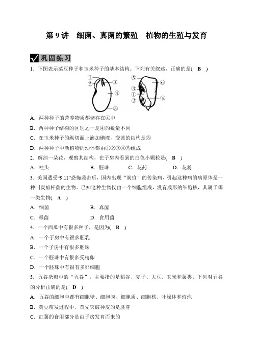 第2部分 第9讲 细菌、真菌的繁殖 植物的生殖与发育—2021届浙教版中考科学一轮复习巩固练习