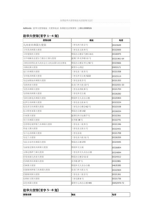 各国驻华大使馆地址电话查询(北京)