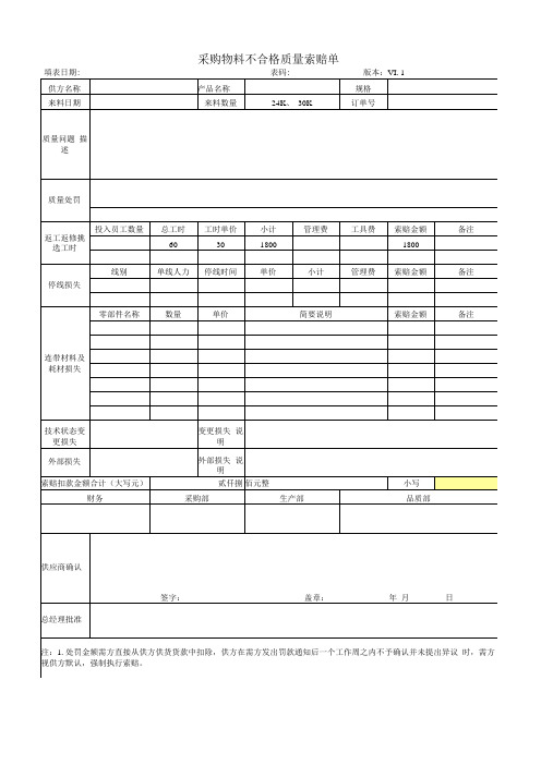 供应商不合格质量索赔单